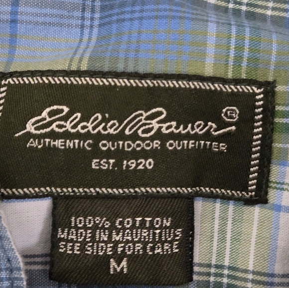 Eddie Bauer Men's Medium Blue and Green Plaid Button Up Shirt 100% Cotton - Picture 7 of 9